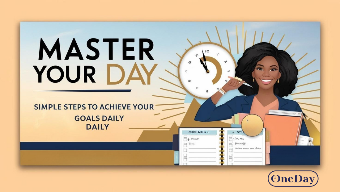 A motivational blog banner featuring a modern design with a planner, clock, and sunrise, symbolizing productivity and achieving goals one step at a time.