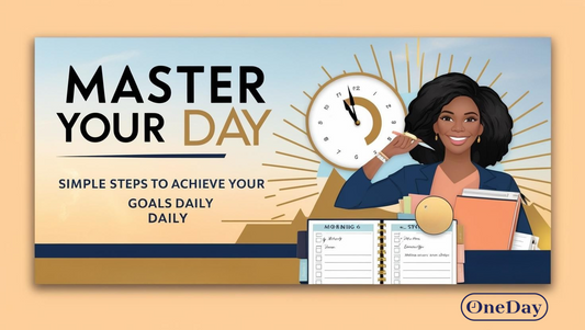 A motivational blog banner featuring a modern design with a planner, clock, and sunrise, symbolizing productivity and achieving goals one step at a time.