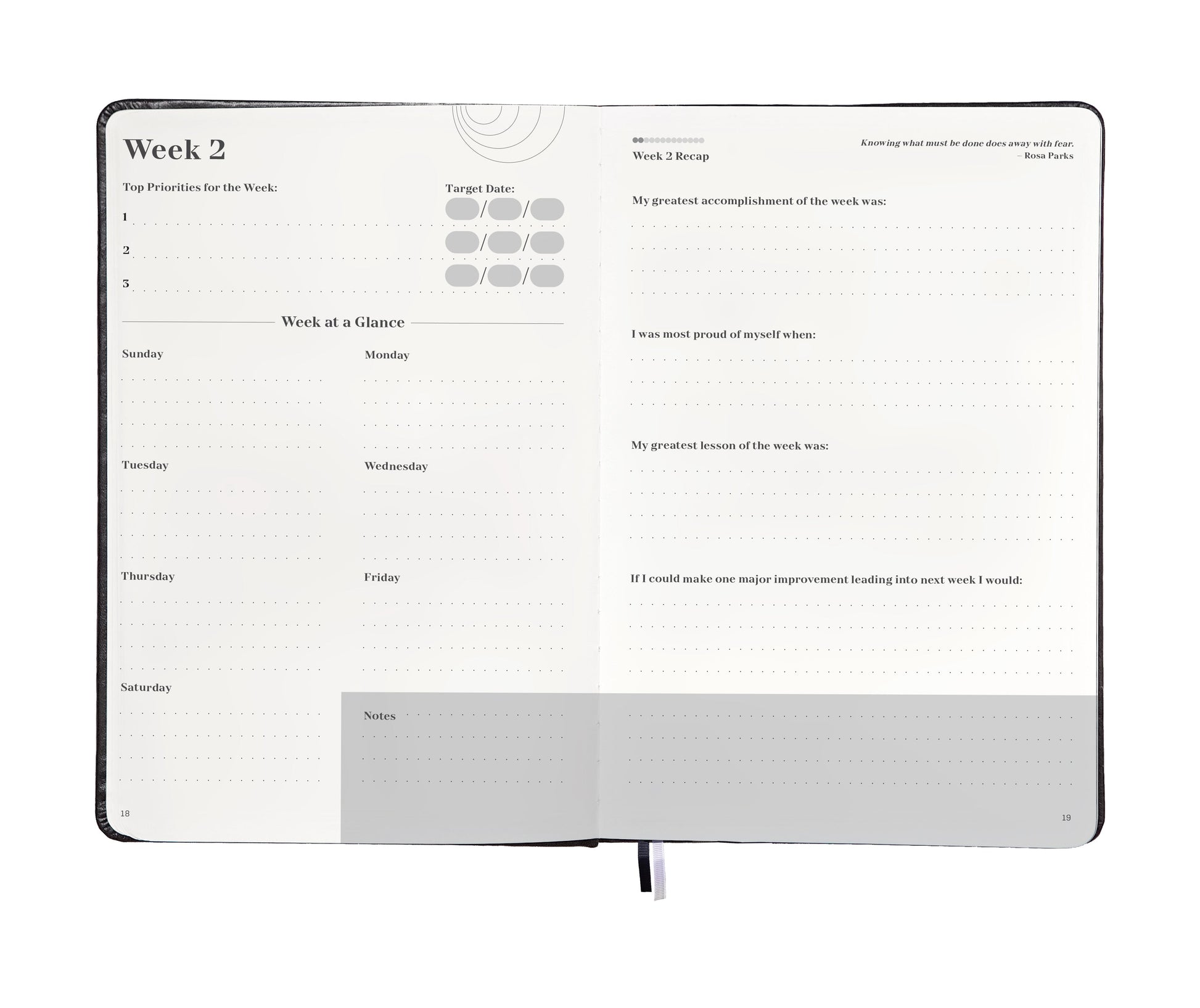 Inside view of the Daily Execution Planner - Pink showing weekly planning pages and reflection sections.