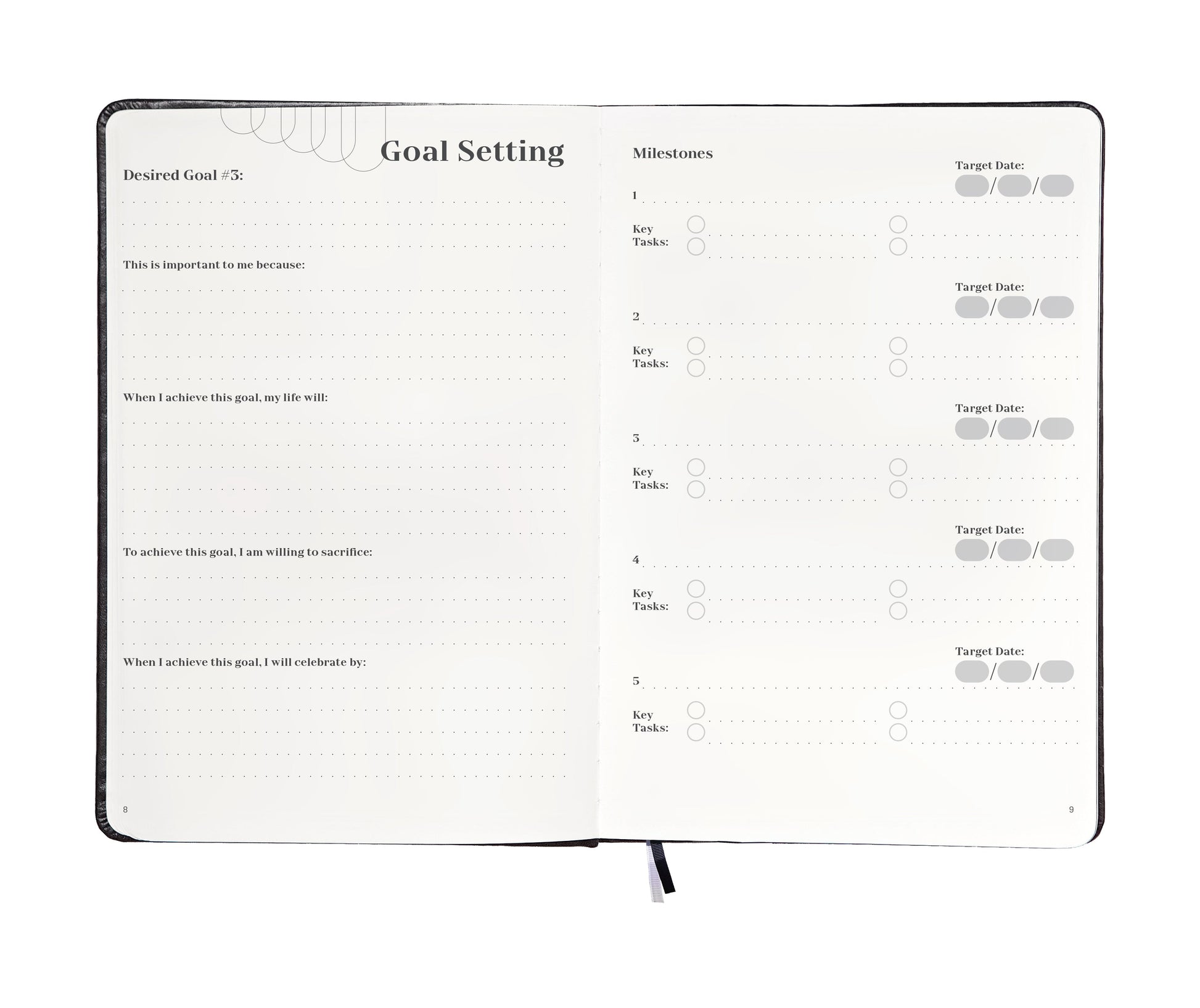 Interior view of the planner showing daily goal-setting pages and weekly reflection sections.