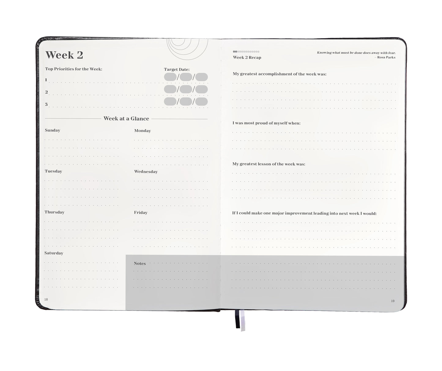 Interior view of the planner showing daily goal-setting pages and weekly reflection sections.
